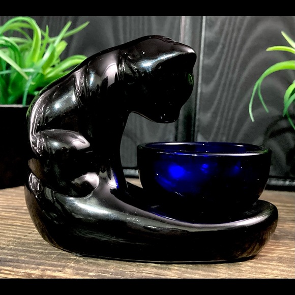 Vintage Haeger Style Black Cat | Gazing Bowl | Art Glass Cobalt Bowl - Picture 8 of 13